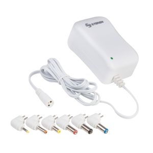 Adaptador de voltaje regulado de 3 a 12 Vcc, 1,2 A con puntas intercambiables, blanco