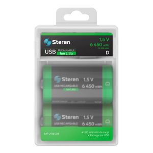 2 baterías recargables USB Li-Ion tipo D, de 6450 mWh
