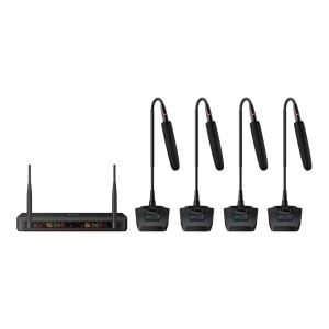 Sistema de 4 micrófonos inalámbricos UHF con selector automático de frecuencia, batería recargable y cuello flexible