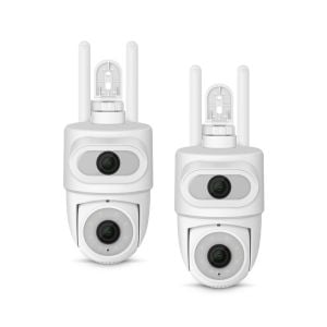2 cámaras de seguridad Wi-Fi* de doble lente 2 Mpx + 2 Mpx robotizadas tipo domo para exterior con seguidor de movimiento, compatibles con asistentes de voz