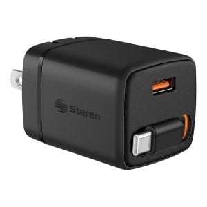 Cargador GaN USB C PD de 30 W / USB QC de 18 W, con cable retráctil incorporado