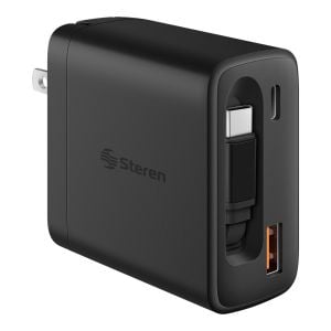 Cargador GaN USB C PD 65 W / USB QC 18 W, con cable retráctil incorporado